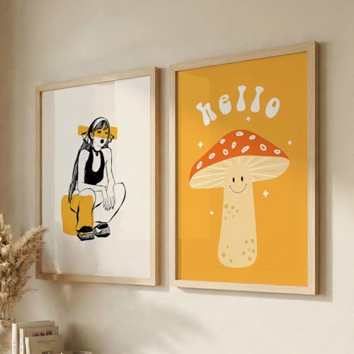 Image of NoWorries Aesthetic Pop Art Wall Framed Painting Set | Girl Illustration & Cute inchHello inch Mushroom Art Prints | Premium 300 GSM Paper Print with Synthetic Wooden Frames | Modern Abstract Wall Decor for Living Room, Bedroom & Office (Set of 2) (NATURAL, ART-1, 10X13INCHES)