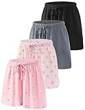 ATTIQOZI 4 Pack Schlafanzughose Damen Kurz Weich Bequem Pyjama Shorts Kordelzug Elastische Taille Lässig Shorts Damen für Sommer Laufen Yoga Sc/Grau/Rosa/Rot M