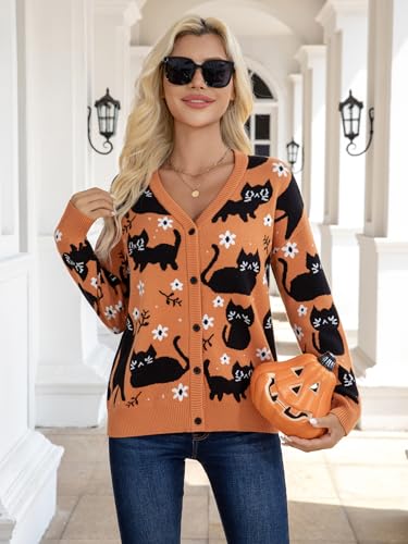 Halloween Sweaters for Women Black Cat Button Down V Neck Knit Sweater Cardigan Fall Winter Open Front Outerwear4