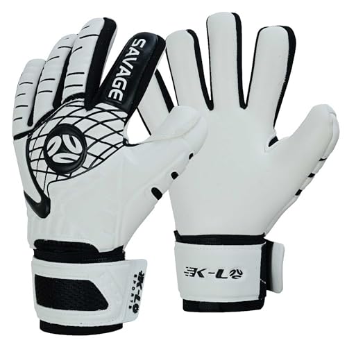 K-LO Goalkeeper Gloves: Savage Blackout Soccer Goalie Glove - White/Black Size 5 (Unisex, Youth & Adult Sizes) - Finger Spine Protection for All Five Fingers with Super Sticky Grip Palm