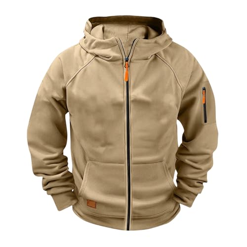 Sudadera táctica con capucha y cremallera completa para niños y jóvenes, para adolescentes, niños, escuela, deportes, al aire libre, sudadera atlética, manga larga, con bolsillos, caqui, 11-12 años