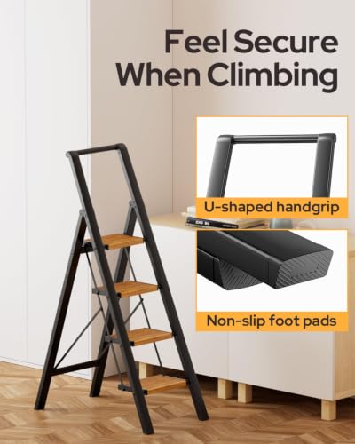 Image of 4 Step Ladder, Lightweight Aluminum Folding Step Stool with Convenient Handgrip, Stepladders with Anti-Slip and Wide Pedal for Home Use Space Saving - Black+Woodgrain