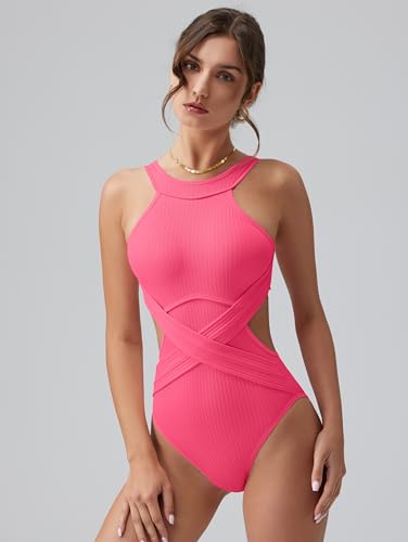 Image of OQQ Women's One Piece Swimsuits Tummy Control High Waisted Cross Bathing Suit Wrap Tie Back 1 Piece Swimwear