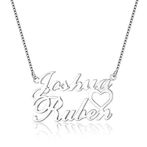 Bo&Pao Collier Couple avec Pendentif cœur et Deux prénoms en Argent 925 / Plaqué Or 18ct / Plaqué Or Rose Collier personnalisé