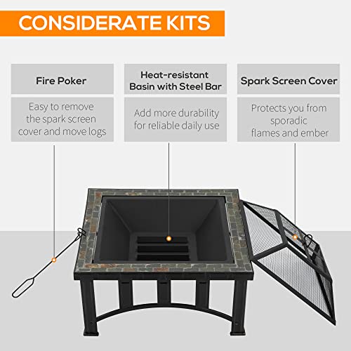 Outsunny 30" Outdoor Fire Pits, Square Steel Wood Burning Fire Pits With Spark Screen, Cooking Grill And Log Poker, Camping Fire Pit For Backyard, Patio #TOP4