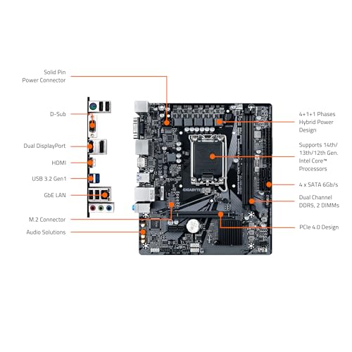 GIGABYTE Scheda madre H610M S2H V2, supporta processori Intel Core di 14a/13a/12a generazione (LGA 1700), mATX, DDR5, 1x M.2, PCIe 4.0, USB-C, HDMI, 2X DisplayPort, D-Sub, LAN 1GbE - Scheda madre - Immagine 4