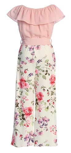 BluNight Collection Big Girls Sleeveless Off Shoulder Jumpsuit Ruffle Floral Summer Romper Jumpsuit Blush 12 (2J1KS91)