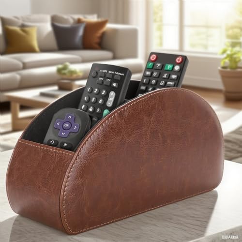 Image of HASTHIP Remotes Organizer Case Desk Holder Accessories Organizer Open 5-Compartment PU Desk Organizer for Living Room, Tea Table Multipurpose Desk Organizer Office Stationeries Holder