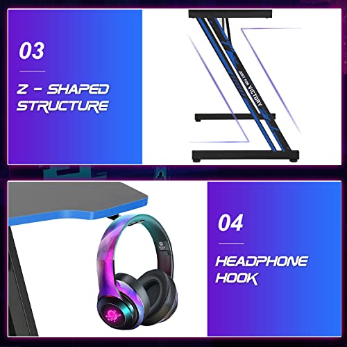 Image of BestOffice Gmaing Desk Z Shaped 47 inch Gaming Workstation Ergonomic Gaming Table PC Computer Desk with Headphone Hook for Game Players, Blue
