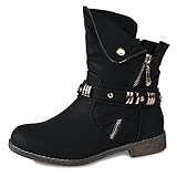 Boots Damen Stiefeletten gefüttert Stiefel Boots Biker Nieten ST281 (38, Schnalle schwarz warm gefüttert)