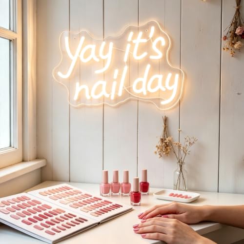 Image of Yay It's Nail Day Neon Sign for Wall Decor, LED Dimmable Lights Nail Room Decor, Nail Tech Decor Aesthetic Light Bedroom Decorations, Girls Nail Salon Neon Signs Accessories Gift 16.53 x 11.02 inch