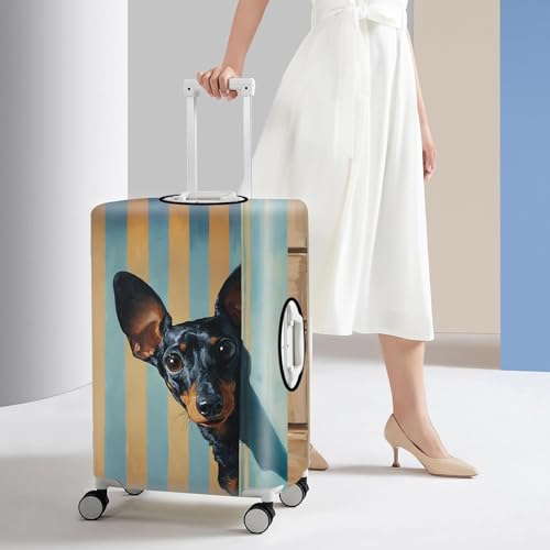 Image of Luggage Cover with Manchester Terrier Design - Stylish Dog Print Suitcase Protector with Blue and Yellow Stripes - Fits 20-22 Inch Travel Luggage,S