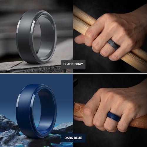 Image of Egnaro Men's Silicone Wedding Rings: Classic Black Step Edge Rubber band 10mm Wide 2.5mm Thick- Hypoallergenic for Gym /Outdoor /Gift(1 /4 /7 Variety Pack with Half Size)