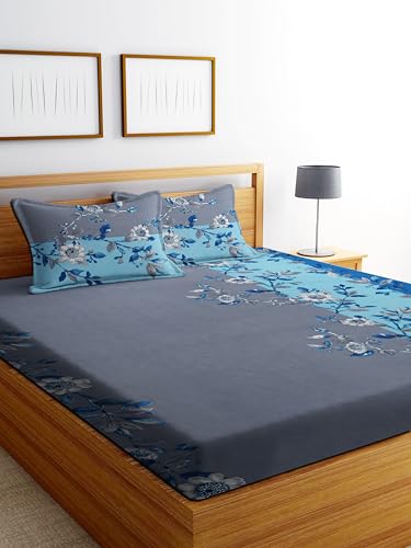 Image of DECORUM Glace Cotton Fitted 1 Bedsheet King Size (72 inchx78 inch) | All Around Elastic | Cotton Feel | 2 Pillow Covers (17 inchx27 inch) | Fits Up to 8 inch Mattress | 200-220 TC | Printed Double Bed Sheet Set