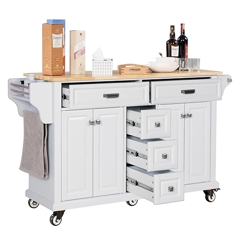 AR AIRUI POLIN 60" Rolling Kitchen Island Cart with Solid Wood Top, Storage Shelves, 5 Drawers, and Spice Rack – Microwave Stand, Movable Coffee Bar – White Painted Finish