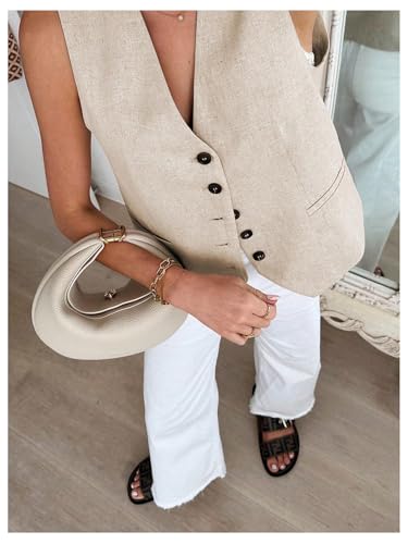 MakeMeChic Women's Vest Top Asymmetrical V Neck Button Down Sleeveless Cropped Vest Waistcoat4