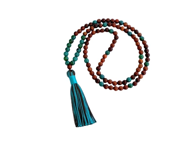 Cuentas de madera marrón oscuro natural, cuentas Mala de piedra crisocolla auténtica, collar 108 Mala, mala anudada, collar WWG, joyería de yoga, cuentas de meditación, joyería