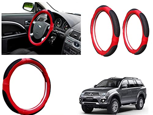 Image of Microfiber Car Steering Wheel Cover, Soft Padding Great Hand Feel, Anti-Slip, Faux Leather Steering Cover for Mitsubishi Pajero Sport | Black Red Jali - Pack of 1