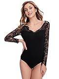 DIDK Damen Spitzen Bodysuit V-Ausschnitt Body Bodysuits Spitzen Applikationen Einfarbig Elegant Bodys Tops Overalls Reines Schwarz XS