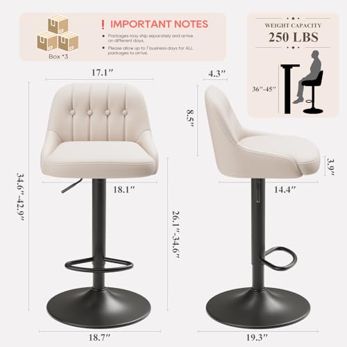 Image of MALOL Bar Stools Set of 6, Swivel Bar Chairs, Modern Adjustable PU Leather Upholstered Barstools Counter Height with Tufted Back for Bar, Kitchen Counter Island, Dining Room, Beige