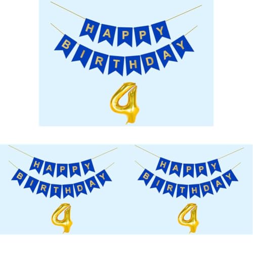 Image of 4th Happy Birthday Decoration Kit Dark Blue for 4 year Old Boys Girls Baby with Number Four Party Decorations Decor Celebration Items Item Set Combo Reusable Paper Banner (Pack of 3)