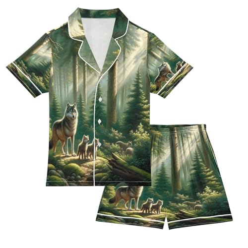 ALAZA Wolf Family Landscape Satin Pajamas Set Short Sleeve Button Down Sleepwear Summer Pjs 2 Piece