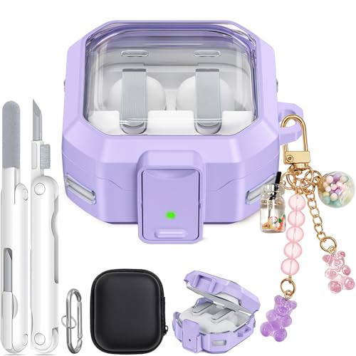 Secure Lock for Galaxy Buds 4 Pro Case and Buds 4 Case (2026) Anti-Yellowing Clear Case Soft TPU Cover for Women Girly with Cleaner Kit Keychain Cute Bear Charm & Storage Bag