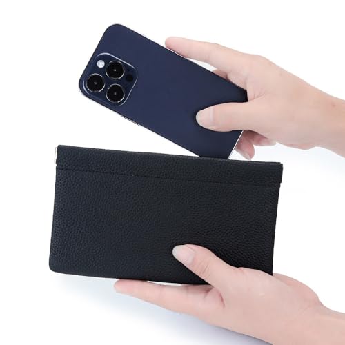 Self-Closing Genuine Full-Grain Leather Long Wallet - Passport Holder, Driver's License & Document Organizer with Earphone Cable Storage, Cash Pouch & Makeup Bag (black)4