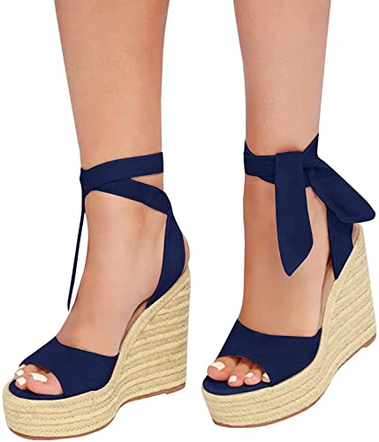 Image of SERAIH Womens Lace up Espadrilles Platform Wedges Sandals Heels Tie Ankle Strap Summer Dress Shoes