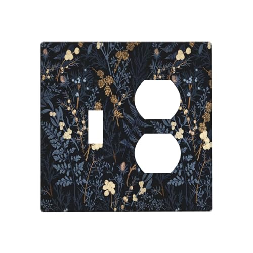 Decorative Outlet Covers Rustic Navy Dark Blue Leaves Golden Floral 2 Gang Outlet Cover Wall Plate Single Toggle Duplex Light Switch Cover Plate Switch Plate Covers for Bedroom Decor