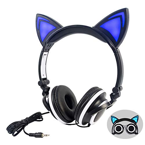 Limson Auriculares de Diadema para Niños, Plegables, con luz LED, Intermitente, para Niños y Adultos, 3,5 Jack para PC, Tabletas, iPhone, Android (Negro&Blanco)