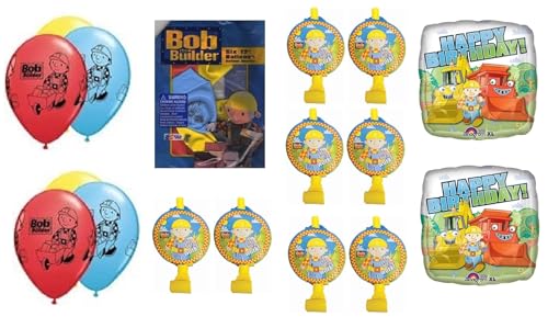 Image of Bob the Builders Birthday Party Supplies Decoration Bundle includes 2 Happy Birthday Mylar Balloons 18", 6 Latex 12" Balloons, 8 Party Blowouts