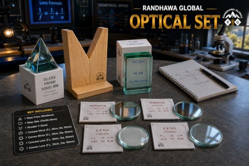 Image of Optical Set| Set of Convex Lens 50 mm, Concave Lens 50 mm, Convex Mirror 50 mm, Concave Mirror 50 mm, Prism 50 mm x 50mm x 50mm, Glass Slab 75 x 50 x 18mm, Mirror /Lens Stand