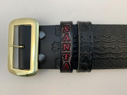 Genuine Tooled Leather Santa Claus Belt and Buckle, USA, Black, Top Grain, 3 in Wide, with 2 Keepers4