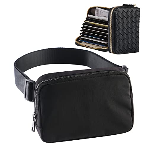 Everywhere Belt Bag with Card Holder Wallet for Women, Fanny Pack Crossbody Bags with Longer-length Adjustable Strap, Unisex Fashion Waist Packs for Workout Travelling Running (Black)