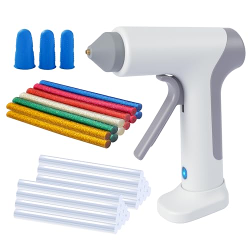 Pistola de pegamento caliente con 20 barras de pegamento transparentes y 12 de colores, calentamiento ultrarrápido de 15 s, mini pistola de pegamento caliente recargable a través de USB-C, recipiente