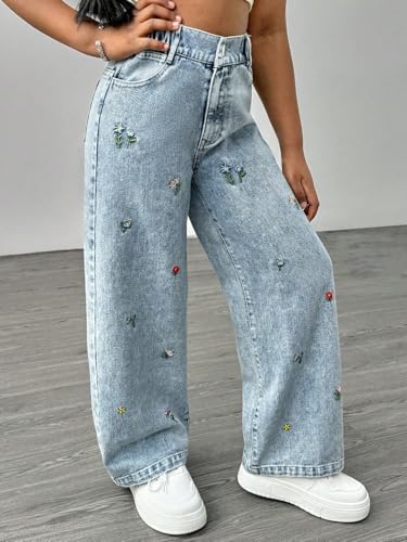 Milumia Girl's Floral Embroidery High Waist Denim Pants Straight Leg Loose Cute Jeans2