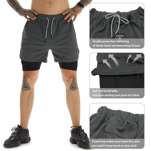 Image of OEBLD Mens Athletic Shorts 2-in-1 Gym Workout Running 7'' Shorts with Towel Loop