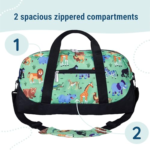 Image of Wildkin Kids Overnighter Duffel Bag - Carry-On Travel Bag for School & Sleepovers, Lightweight, Durable, Boys & Girls Ages 4-15 - Wild Animals