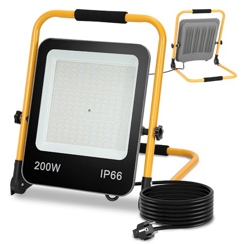 Fiqops LED Baustrahler 200Watt, Arbeitsscheinwerfer 6000k Kaltweiß, 18000LM Baulampe Bauscheinwerfer, Arbeitsleuchte, Wasserdicht IP66, für die Werkstatt, Baustelle Garage (3M Kabel mit Stecker)