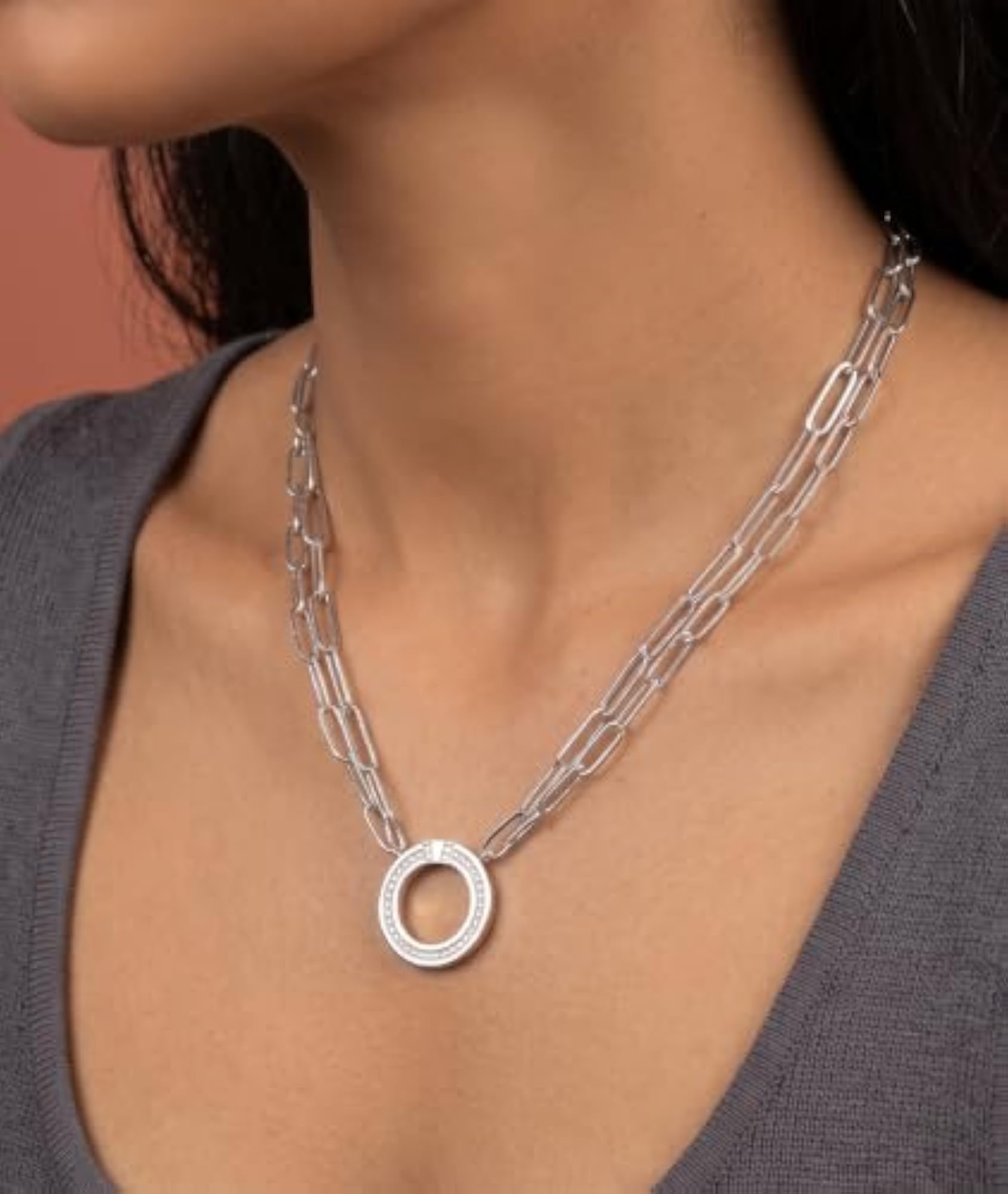 Sterling Silver 925 Women's Circle Pendant Double Chain Necklace