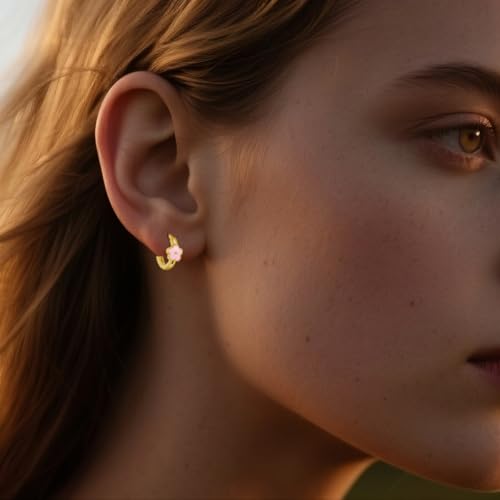 SLUYNZ Solid 925 Sterling Silver Pink Flower Earrings Hoop for Women Teens Cute Flower Hoop Earrings Huggie2