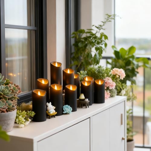 Image of Nimiko Flameless Candles with Remote, Battery Operated Flickering Flameless Candles, LED Candles with Timer 2 /4 /6 /8H, with Realistic LED Candles Set of 24 (D2.2 x H 5 inch 6 inch 7 inch) (Black)