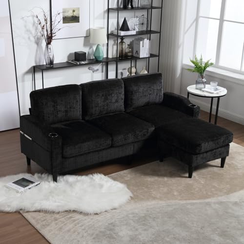 KOMHTOM Canapé Modulable en L - Canapé Moderne 4 Places en Chenille avec Pouf,Accoudoirs,Porte-Gobelets - Cadre en Bois et Pieds Noirs - Fauteuil de Relaxation Salon...