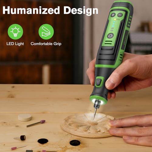 Ginour Multifunktionswerkzeug Akku 8V 2.0Ah Mini Rotationswerkzeug mit LED-Licht 5 Gang 5000-30000 U/min 153 Multifunktionswerkzeug Zubehör Set für Bohren, Gravieren, Polieren, Schleifen – Bild 6