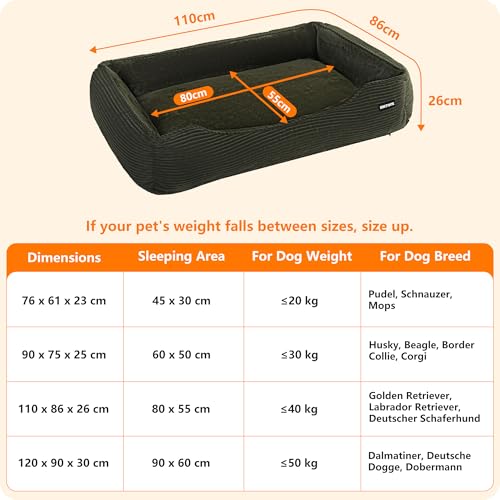HMTOPE Hundebett, Hundesofa, Hundematte aus Cord, S/M/L, rutschfest, Abnehmbar und Waschbar, Weich und Atmungsaktiv, Olivgrün, 110 x 85 x 27 cm