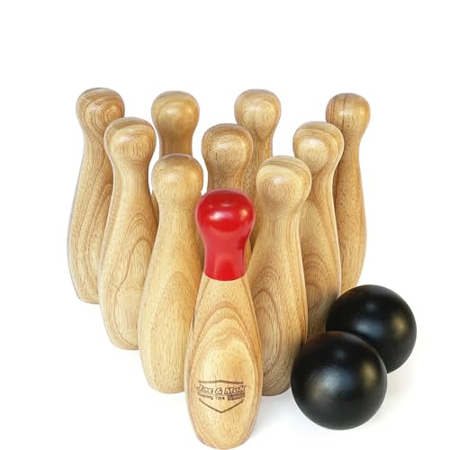 Jac & Mok Bowling Set -Kegelspiel aus Holz - Dosenwerfen Bowling Spiel Outdoor & Indoor Spielzeug (10 Kegel und 2 Bälle, 20cm Höhe)