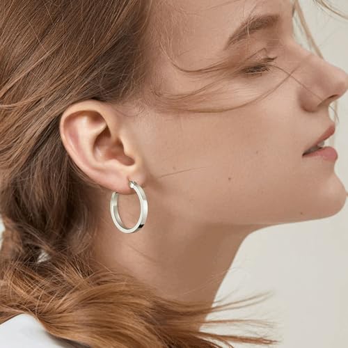 Gacimy Hoop Earrings for Women, 14K White Gold Plated Flatted Hoops with 925 Sterling Silver Post, 20mm Medium Earrings for Women by Gacimy - Image 2