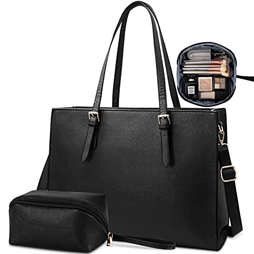 Borsa Donna Borsa a Tracolla per Computer da 15.6 Pollici Grande Impermeabile Borse Laptop Tote in Pelle PU Borsa da Lavoro Business Shopper (Nero-2)