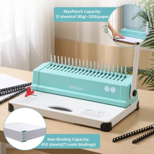 Image of OFFNOVA Binding Machine, 21-Hole 450 Sheets Paper Comb Punch Binder Machine for Letter Size / A4 / A5 Paper, Easy to Punch Handle, Adjustable Margin, Mint with White Base